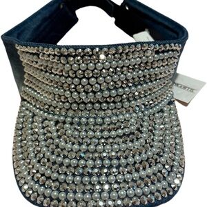 NWT 29 Palms Rhinestone Denim Visor Hat Full Bling Pearl Hat Adjustable One Size